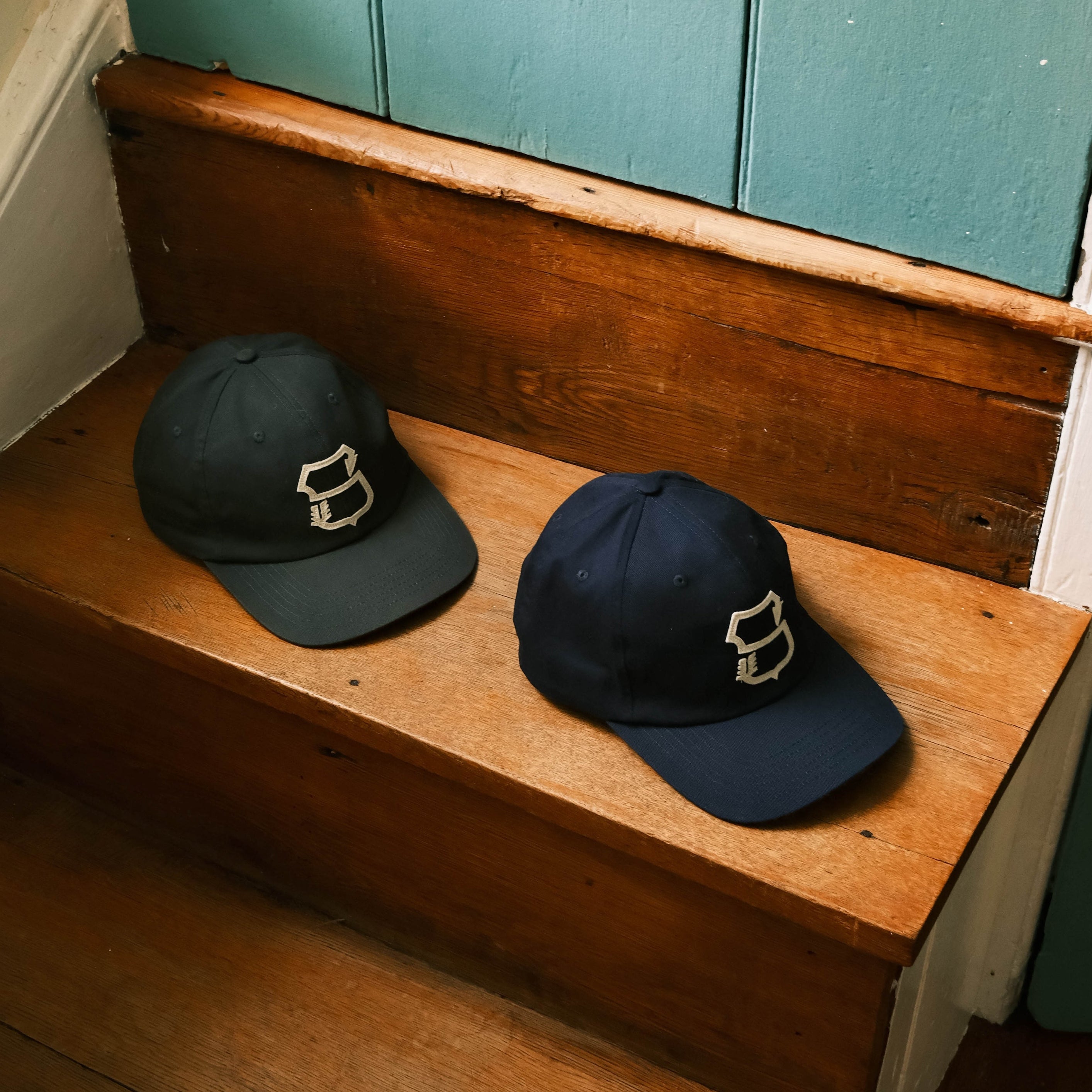 Two baseball caps on a wooden step with a green wall in the background