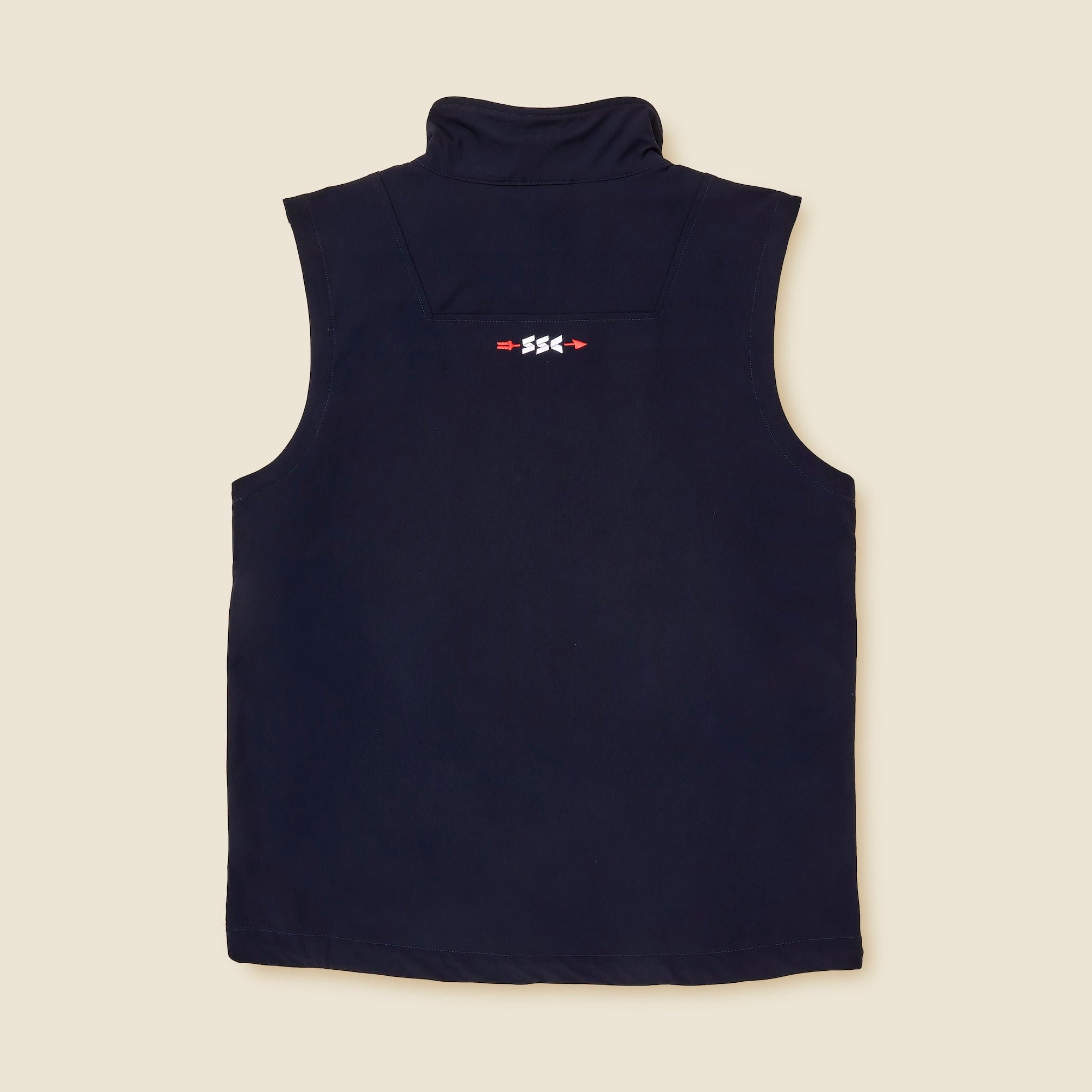 Navy golf vest with a logo on the back middle