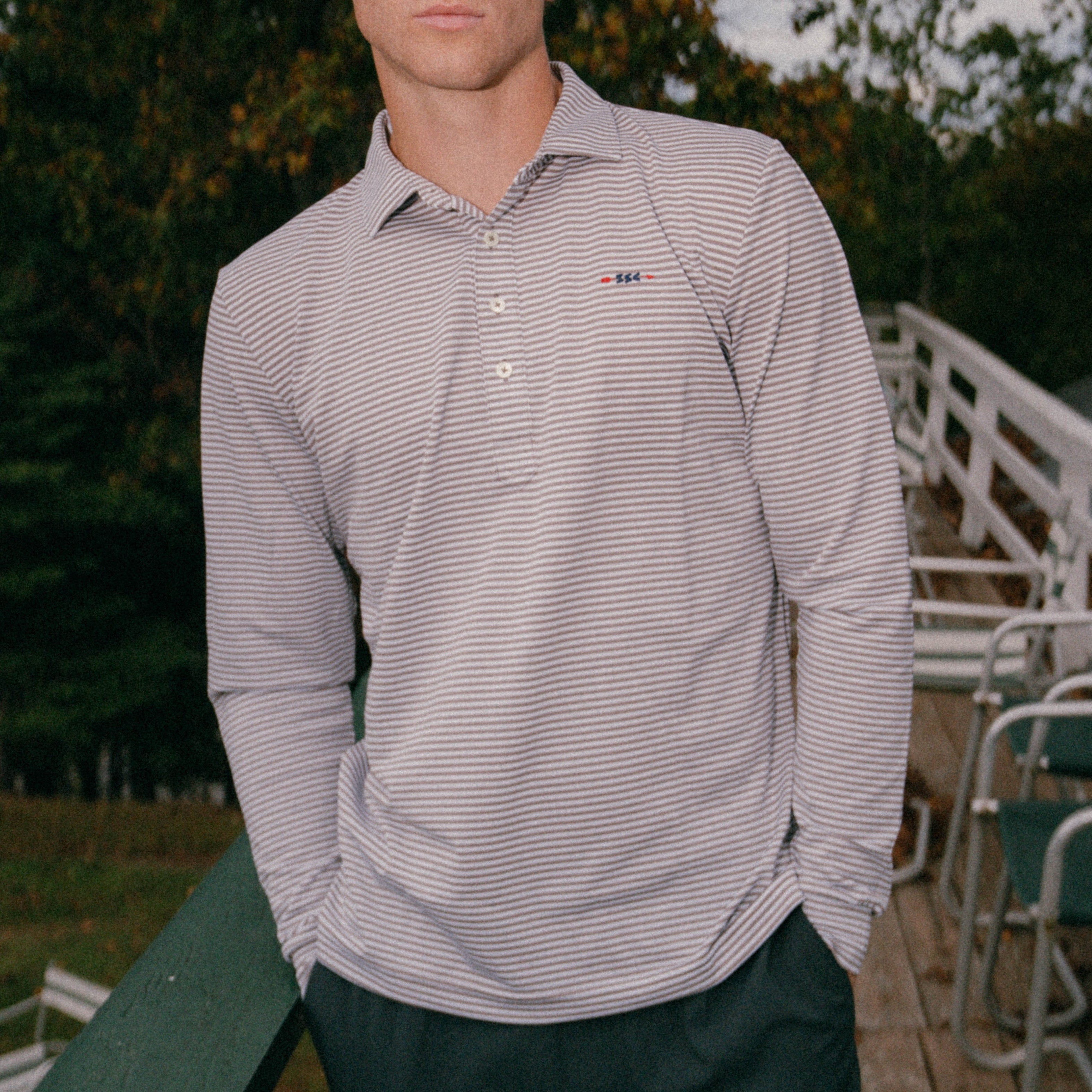 Long Sleeve Striped Pique Polo